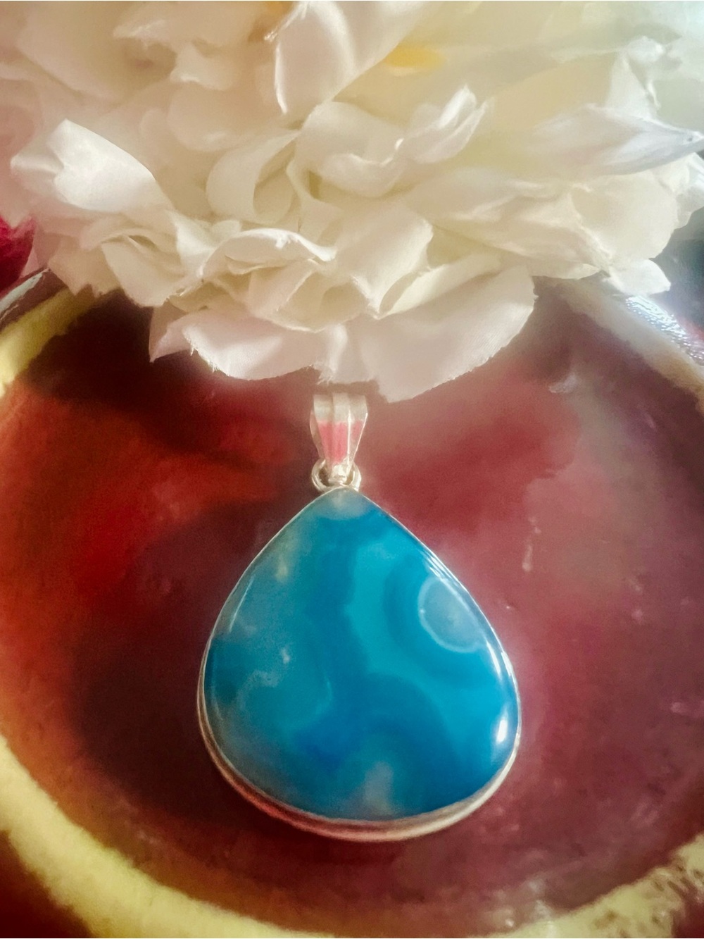 Sterling Silver Blue Teardrop Agate Pendant Stamped W 925 Hallmark